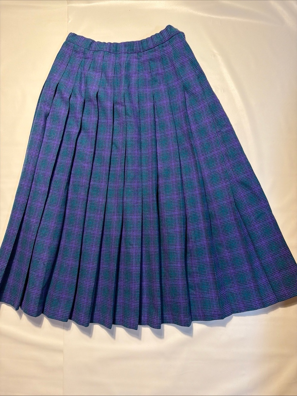 Pendleton Vintage Wool Plaid Pleated Midi Skirt Purple Teal Blue Sz 8 USA Preppy